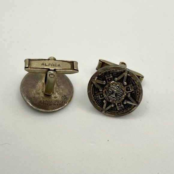 Rare-Vintage, Sterling Silver 925 Mayan Sun Dial Calendar-Cufflinks Round Mayan - Picture 6 of 7